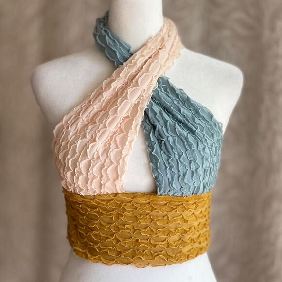 NWOT Cider Textured Color Block Cross Halter Fairycore Grunge Boho Top Size S - Picture 1 of 7